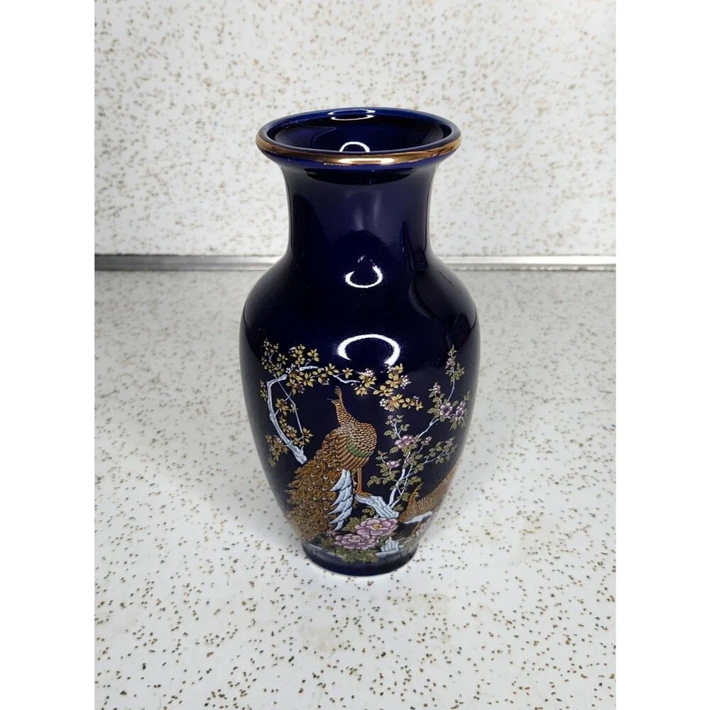 Japanese Vintage Vase Cobalt Blue Gold Painted Peacock Floral Asian Ceramic 6”H